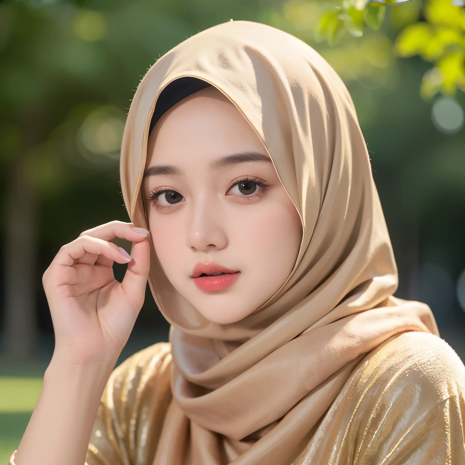 Masterpiece, 32k, high Resolution, Ultra high Quality, super detailed background, beautiful lighting, 1girl, brown hijab, solo, park, close up, Hands down, looking at viewer, 