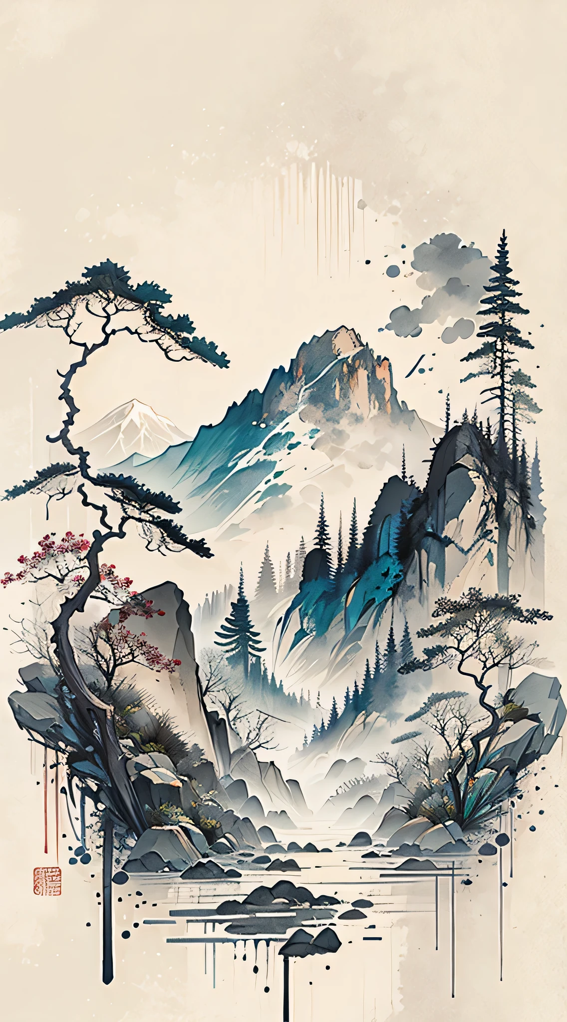 (masterpiece, best quality: 1.2), (No_Humanity), mountains in the distance, Chinese traditional ink painting, houses, tombstone, meadows