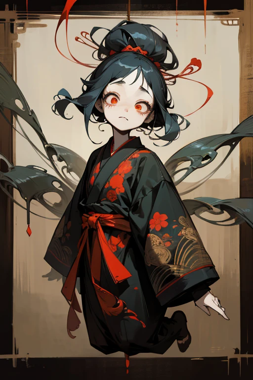 girl jumping out of painting、scribble, nightmare, doll-like face, cartoon style, rough sketch, Horror elements, (masterpiece), (High resolution), (super delicate), (clear), Comic style illustration、 Japanese painting, full body、 (snap shot), (Creepy), Japanese carving, old picture scroll style, crazy illustration, antique, dark atmosphere, flat illustration, Creepyな外観, Unusual and strange hairstyles, creative accessories, unique atmosphere