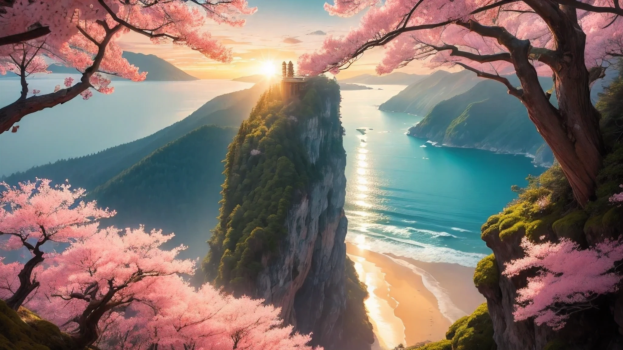 beatiful forest in japan, with pink sakura blossoms falling, sunset, the forest is on a cliff facing the ocean, sunset view, beautiful nature, the viewer's perspective is such that we can see the ocean but also the sakura trees around us, 4k beauty, orange -yellow-slight pink sky, masterpiece, viewer in the forest and in front of the viewer there is the ocean, viewer is standing on the cliff that's facing the ocean, and there is forest around him on that same cliff not othe other cliffs, realistic nature, 8k, extremely high resolution