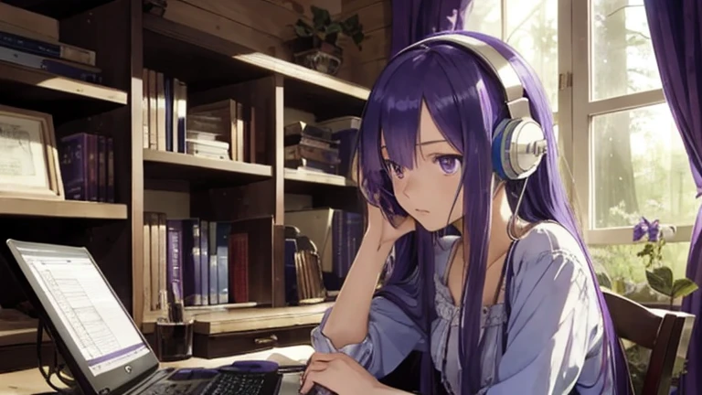 study,long hair, one girl,blue and purple hair,One Piece Earphones Strawberry,Houseplants and flowers,high quality , Fluttering curtains,masterpiece、Depth of the bounds written,cinematic style,Using headphones, Anime-style 2D, lo-fi,log house,Sitting on a chair,bookshelf,in the forest,Working on a computer,
