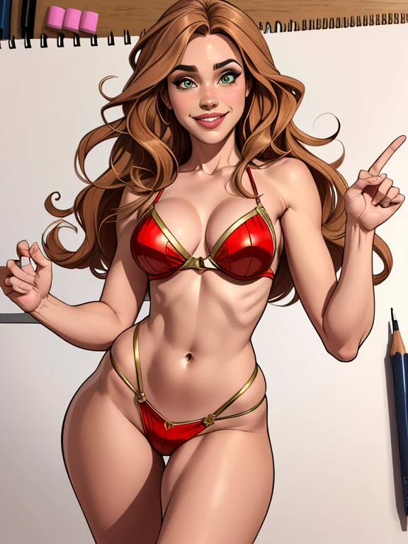 (estilo de desenho animado:1.2), Desenhos de (Hermione granger), Sorriso, olhos verdes perfeitos, rosto detalhado, fundo branco, pose divertida, olhar sedutor,Corpo inteiro usando o uniforme de grifnoria, medium beautiful breasts and wonderful body Cartoon style digital illustration. Usando calcinha pose de foto 3/4