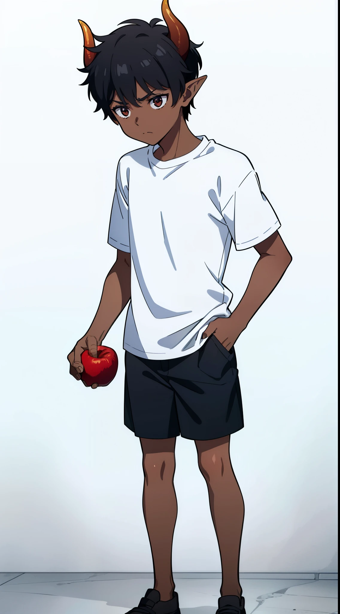 (1boy,8 years old,small),solo,((dark skin)),white shirt,short sleeves,black hair,black shorts,elf ears,(horns),(white background),holding an apple,sad,full body,standing