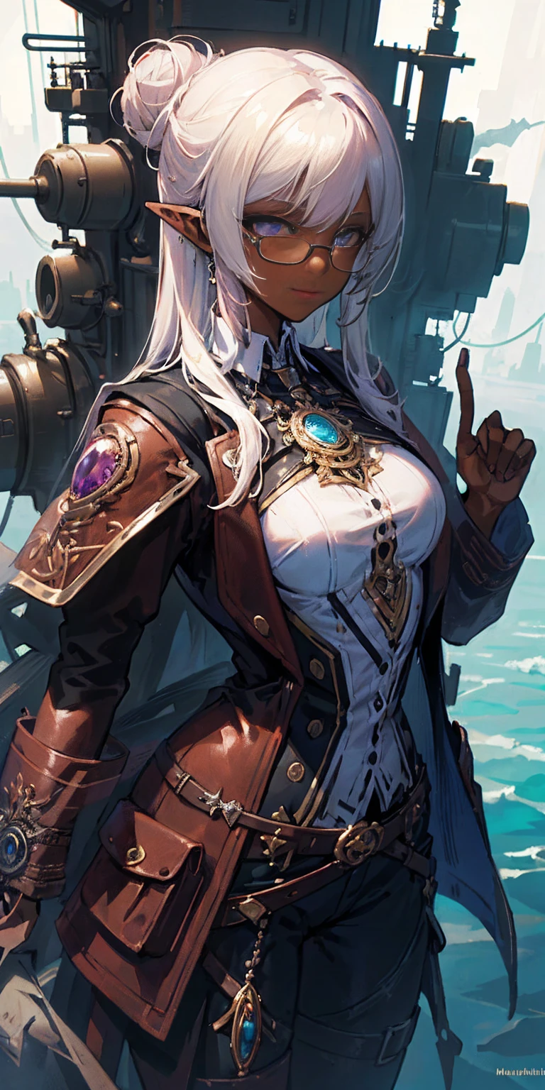((masterpiece )), (top quality), (best quality), ((ultra-detailed, 8k quality)), Aesthetics, Cinematic lighting, (detailed line art), Beautiful digital artwork, Exquisite digital illustration, absurdres, (best composition),
BREAK,
a female dark elf who is a scientist, (scientist clothes:1.2), (jacket lab, Coat:1.2), glasses, (steampunk style:1.1), (holding of shimmering blue sea crystals), (background of scientific laboratory, laboratory, filled with tubes, bottles, and equipment), SteamPunkAI, CogPunkAI, cell shading, cinematic dramatic atmosphere, high quality cell shaded illustration in Fantasy steampunk style by Yoji Shinkawa, detailed and intricate environment, artstation, concept art, fluid and sharp focus, dynamic angle, by ((Mikimoto Haruhiko)),
BREAK,
highly detailed of (dark elf), (1girl), perfect face, details eye, parted, sidelock, hairbun,blonde white hair, violet eyes, eyelashes, eyeshadow, pink eyeshadow, smile, design art by Mikimoto Haruhiko, by Kawacy, By Yoshitaka Amano,
BREAK,
((perfect anatomy)), nice body, medium breast, (extremely detailed finger), best hands, perfect face, beautiful face, beautiful eyes, perfect eyes, (perfect fingers), correct anatomy, (Dark skin:1.2)