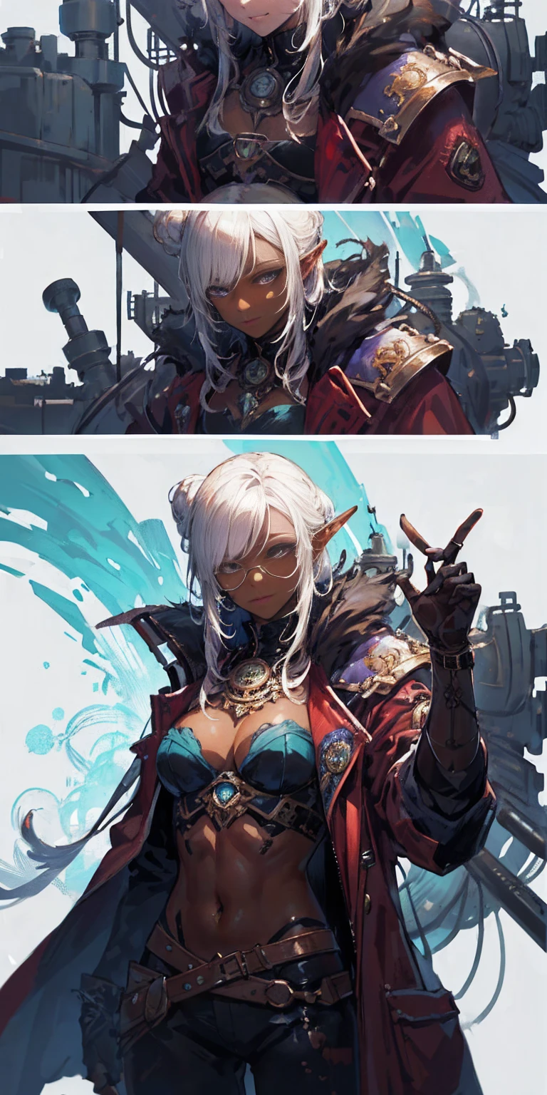 ((masterpiece )), (top quality), (best quality), ((ultra-detailed, 8k quality)), Aesthetics, Cinematic lighting, (detailed line art), Beautiful digital artwork, Exquisite digital illustration, absurdres, (best composition),
BREAK,
a female dark elf who is a scientist, (scientist clothes:1.2), (jacket lab, Coat:1.2), glasses, (steampunk style:1.1), (holding of shimmering blue sea crystals), (background of scientific laboratory, laboratory, filled with tubes, bottles, and equipment), SteamPunkAI, CogPunkAI, cell shading, cinematic dramatic atmosphere, high quality cell shaded illustration in Fantasy steampunk style by Yoji Shinkawa, detailed and intricate environment, artstation, concept art, fluid and sharp focus, dynamic angle, by ((Mikimoto Haruhiko)),
BREAK,
highly detailed of (dark elf), (1girl), perfect face, details eye, parted, sidelock, hairbun,blonde white hair, violet eyes, eyelashes, eyeshadow, pink eyeshadow, smile, design art by Mikimoto Haruhiko, by Kawacy, By Yoshitaka Amano,
BREAK,
((perfect anatomy)), nice body, medium breast, (extremely detailed finger), best hands, perfect face, beautiful face, beautiful eyes, perfect eyes, (perfect fingers), correct anatomy, (Dark skin:1.2)