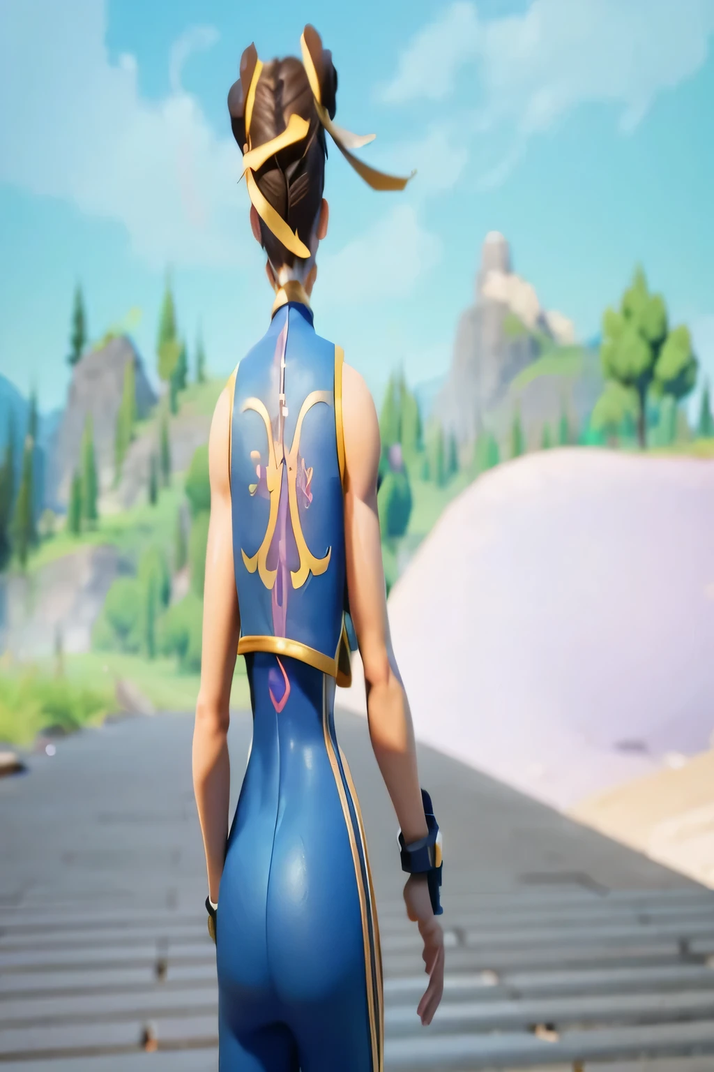 a woman in a blue outfit walks along the bridge, Chun Li at the gym, posing for a fight, complex, as a fortnite character, in the skin of fortnite, thick, fortnite character, portrait of Chun-li, Chun-li, Chun-li, Chun Li, moon themed outfit, Game PC Skin, portrait of Chun Li