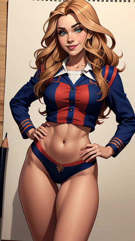 (estilo de desenho animado:1.2), Desenhos de (Hermione granger), Sorriso, olhos verdes perfeitos, rosto detalhado, fundo branco, pose divertida, olhar sedutor,Corpo inteiro usando o uniforme de grifnoria, medium beautiful breasts and wonderful body Cartoon style digital illustration. Usando calcinha pose de foto 3/4
