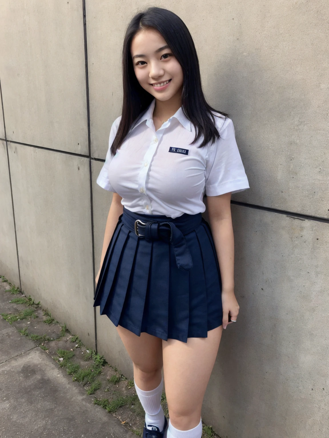 Thai girl, 18 years old, white skin, bobbed hair, smiling, large breasts, in classroom, (plump figure), ((black belt, White short-sleeved shirt, navy blue pleated skirt, white socks, black shoes)), ((Pull the hem of your skirt up over your waist, showing your panties)), shcool background,
day time, sun lights,
