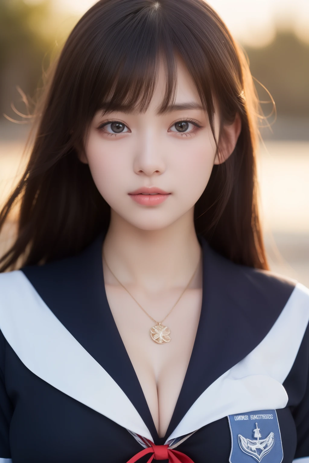 1girl, (Best Quality:1.4), (Ultra-detailed), (extremely detailed beautiful face), Amazing face and eyes, black eyes, black hair, (sailor uniform, school uniform:1.2), (cleavage), Smooth, extremely detailed CG unified 8k wallpaper, High-definition raw color photos, professional photograpy, Ray of light, Backlighting, Dreamy, Striking, depth of fields