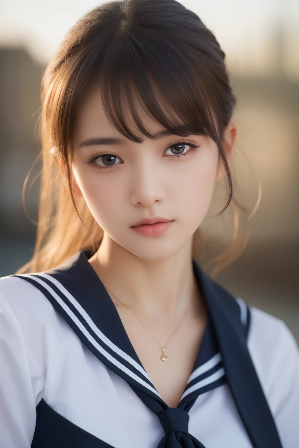1girl, (Best Quality:1.4), (Ultra-detailed), (extremely detailed beautiful face), Amazing face and eyes, black eyes, black hair, (sailor uniform, school uniform:1.2), (cleavage), Smooth, extremely detailed CG unified 8k wallpaper, High-definition raw color photos, professional photograpy, Ray of light, Backlighting, Dreamy, Striking, depth of fields