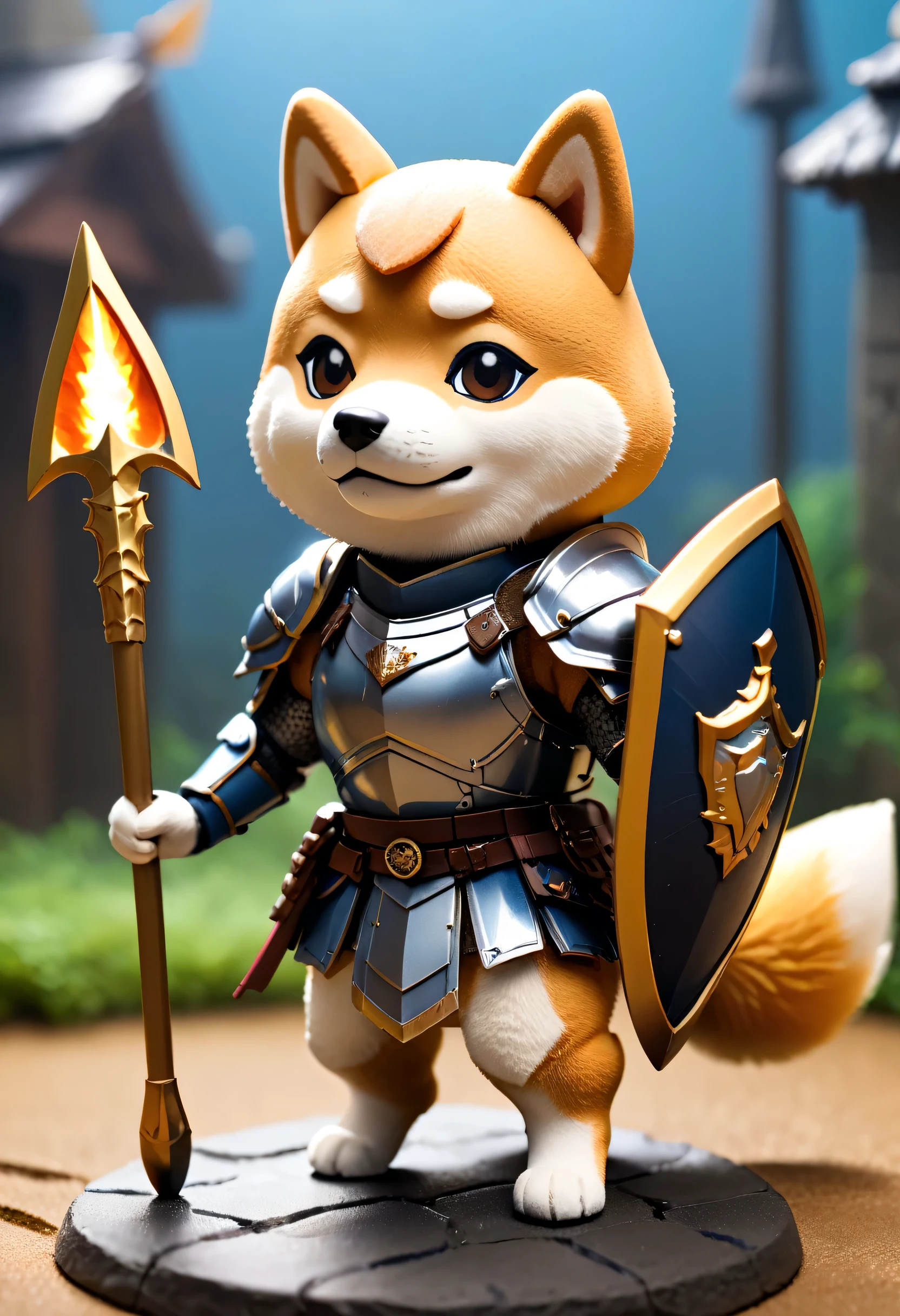 Full body Esbian、Cool Shiba Inu、Pop Shiba Inu、diorama、simple background、knight armor、Holding a large spear、best quality, Capture super cute moments, Depth of the bounds written, Super detailed, Super high resolution, octadale, 8K, 16 km race