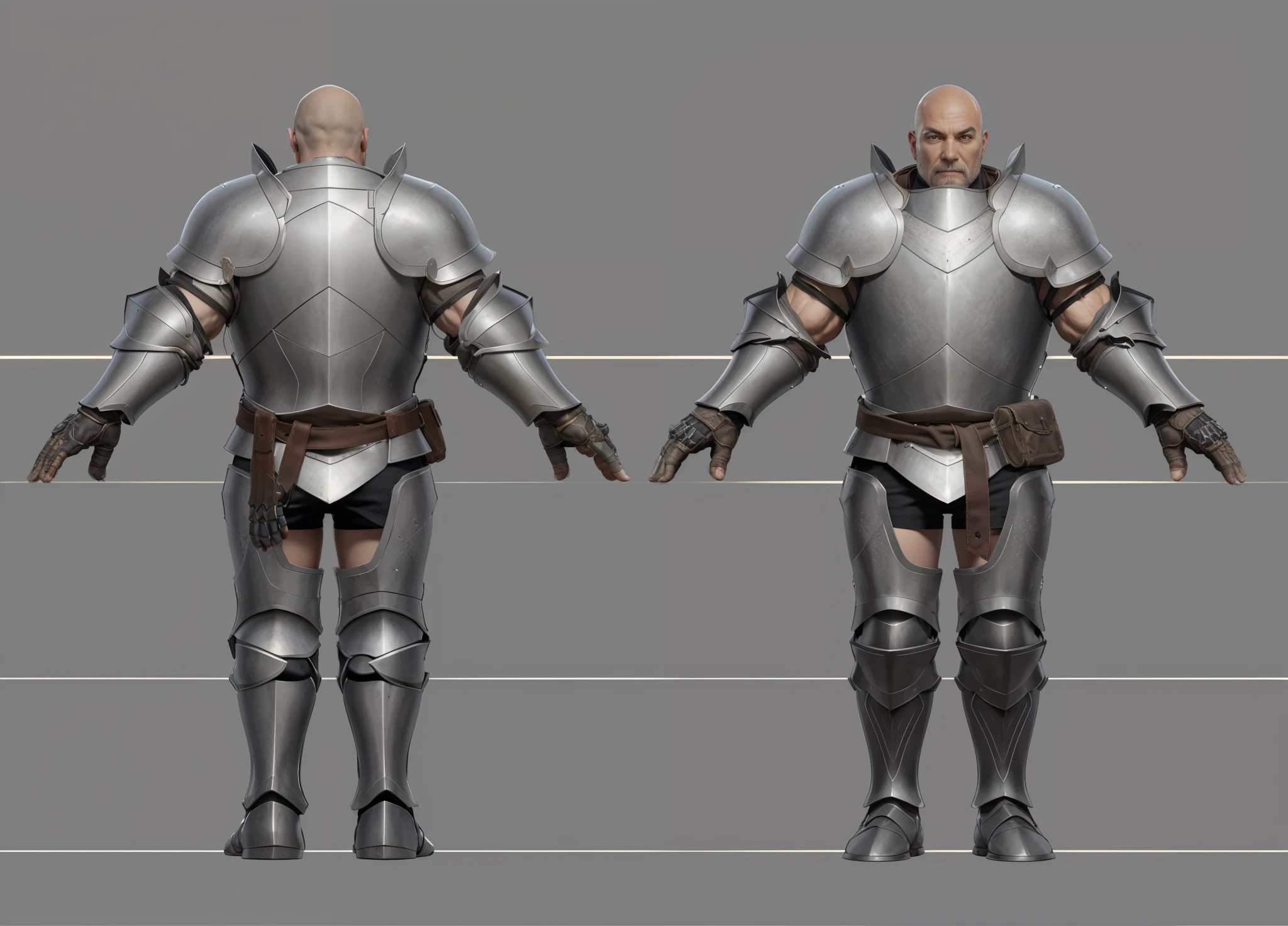 ( Realistic:1.33),(masterpiece:1.1),(highest quality:1.1),(HDR:1) a close up of a paladin with moonlit black armor , full body concept, detailed full body concept, medieval paladin style character, full body character concept,costume concept design, full body details, detailed full body concept art, full character body, character model sheet turnaround, fullbody shot turnaround, concept character sheet, full body concept art, reference model sheet , full body concept art, RPG style character, game character design, 3d character reference sheet, male, video game character concept, detailed character design, character sheet, character model sheet turnaround , front and back, front and back, warrior armor, red cloth inside , medieval sleeve, (steel boot armor), moonlit shoulder black armor, grey clean background, 3D character, ((detailed knee armor)), heavy armor, leather belt with leather bag, (detail armor finger), (detail gauntlet)