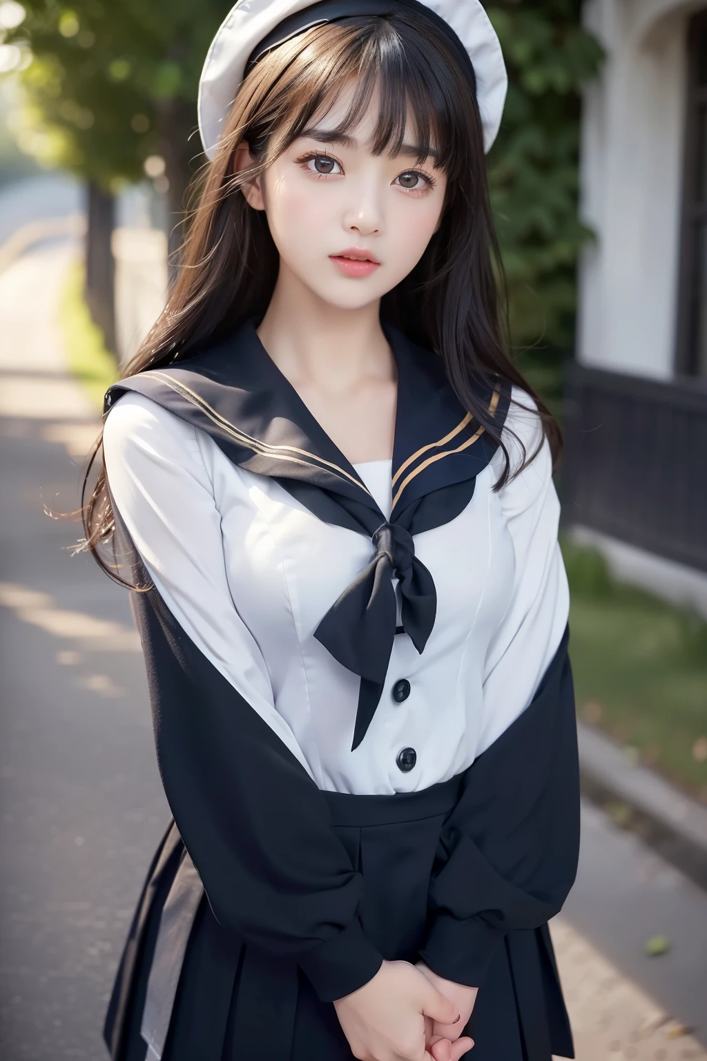 1 girl、(Highest image quality:1.4)、(Super detailed)、(Super detailed美顔)、wonderful face and eyes、black eye、black hair、(sailor suit、school uniform:1.2)、(cleavage)、smooth、Highly detailed CG integrated 8K wallpaper、High-definition RAW color photo、professional photos、Light、逆Light、fantasy、Impressive、Boundary depth writing