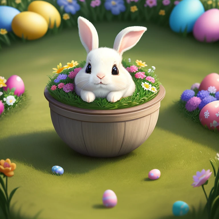 highest quality、8k、cute、Rabbit, easter egg、flower garden, smile, Grass, flowers, and good lighting