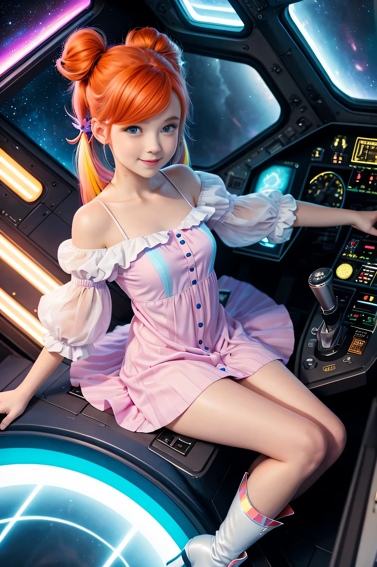 (overhead view) Cute redhead with rainbow colored hair tips, ribbons in her hair, 18-year-old woman, happy, smiling, in twin tails, perfect eyes, clear sparkling blue eyes, pale skin, silky smooth white skin, alabaster skin, flying a fancy metal luxurious space ship, futuristic cockpit, she's a pilot, she's laying down, outer space seen in windows, dark warm lighting, wearing a futuristic dress, low cut top, pleated (chemise) mini dress (pastel rainbow colors, and polka dots), puffy sleeves, silk, wearing pantyhose.