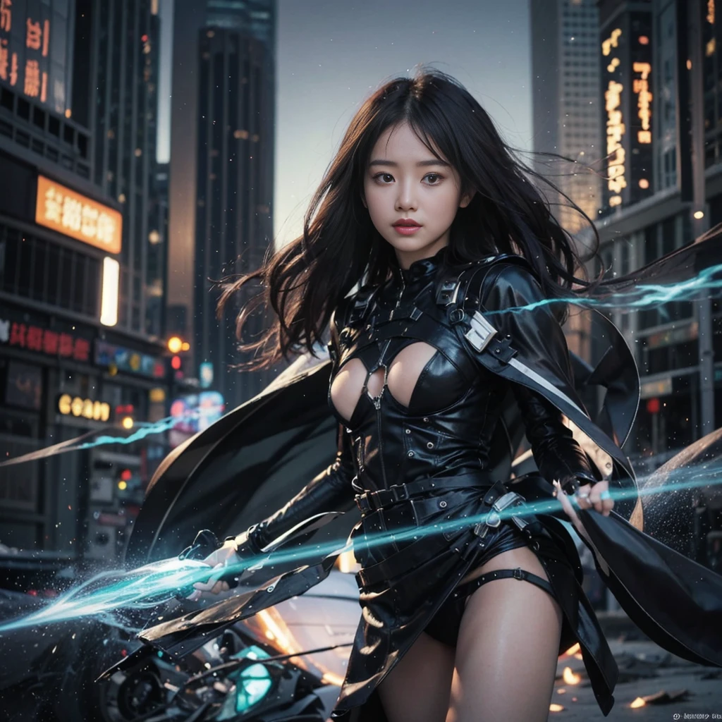 (highest quality、4k、8k、High resolution、master piece: 1.2)、Super detailed、(real、photorealistic、photorealistic: 1.37)、Destruction of a Great City、(A telekinetic woman stands in front of a spaceship controlled by the invaders:1.37) 、(Women are young and beautiful、18-year-old、unparalleled beauty:1.5)、Insert mental barriers to resist robot attacks、vibrant cityscape、Bright colors、Shining skyscrapers、busy street、Futuristic architecture and technology、Advanced holographic display、Neon light splashes 、dramatic lighting、intense shadow、Awe-inspiring power that exudes from women、Determination in His Eyes、An elegant flowing gown、Dynamic action in the wind、Reach out and rush towards the robot.、A powerful energy emanates from the hands、Blue glowing aura、sparks of electricity、electricity crackling in the air、A vortex of energy surrounding a woman、A fascinating and surreal atmosphere、A sense of danger and impending destruction、Background chaos and destruction、Crumbling buildings、flying debris、Smoke and flames、 The contrast between beauty and destruction、The war between technology and the extraordinary power of young women。