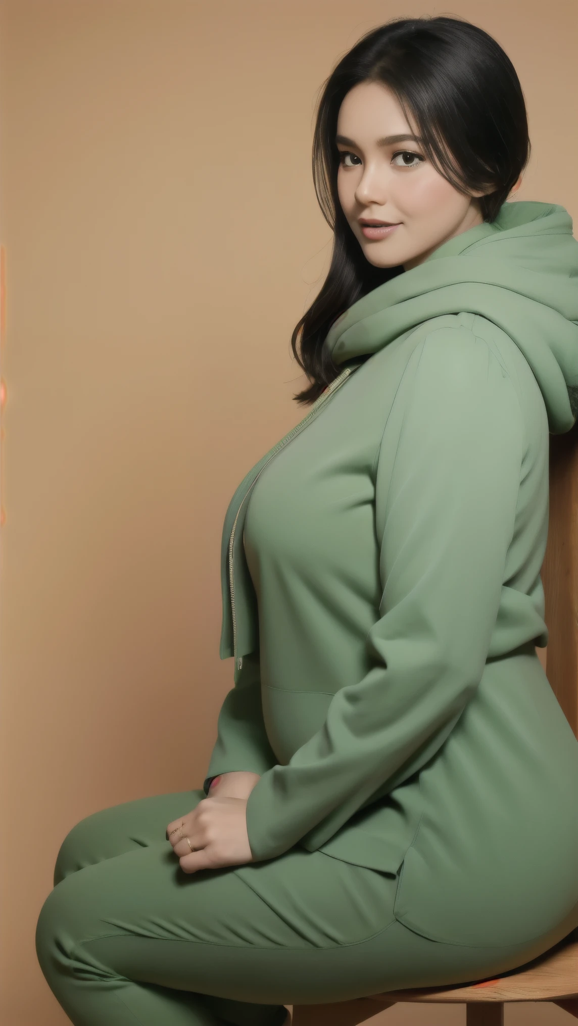 Vogue style side view photo shoot of 1 malay 20years old young woman wear (( green hoodie )) with pastel colours background in Wes Anderson style,detail skin texture, detailed face, saggy breast, dark , camel toe, heavy big breast, big round ass, wide hips, thick thighs, beer belly, curvy, view from front, hyper - realistic photography, Wes Anderson style, full body, 8k, close - up shot, extreme close - up photo, ((looking at viewer)), shiny wavy black hair