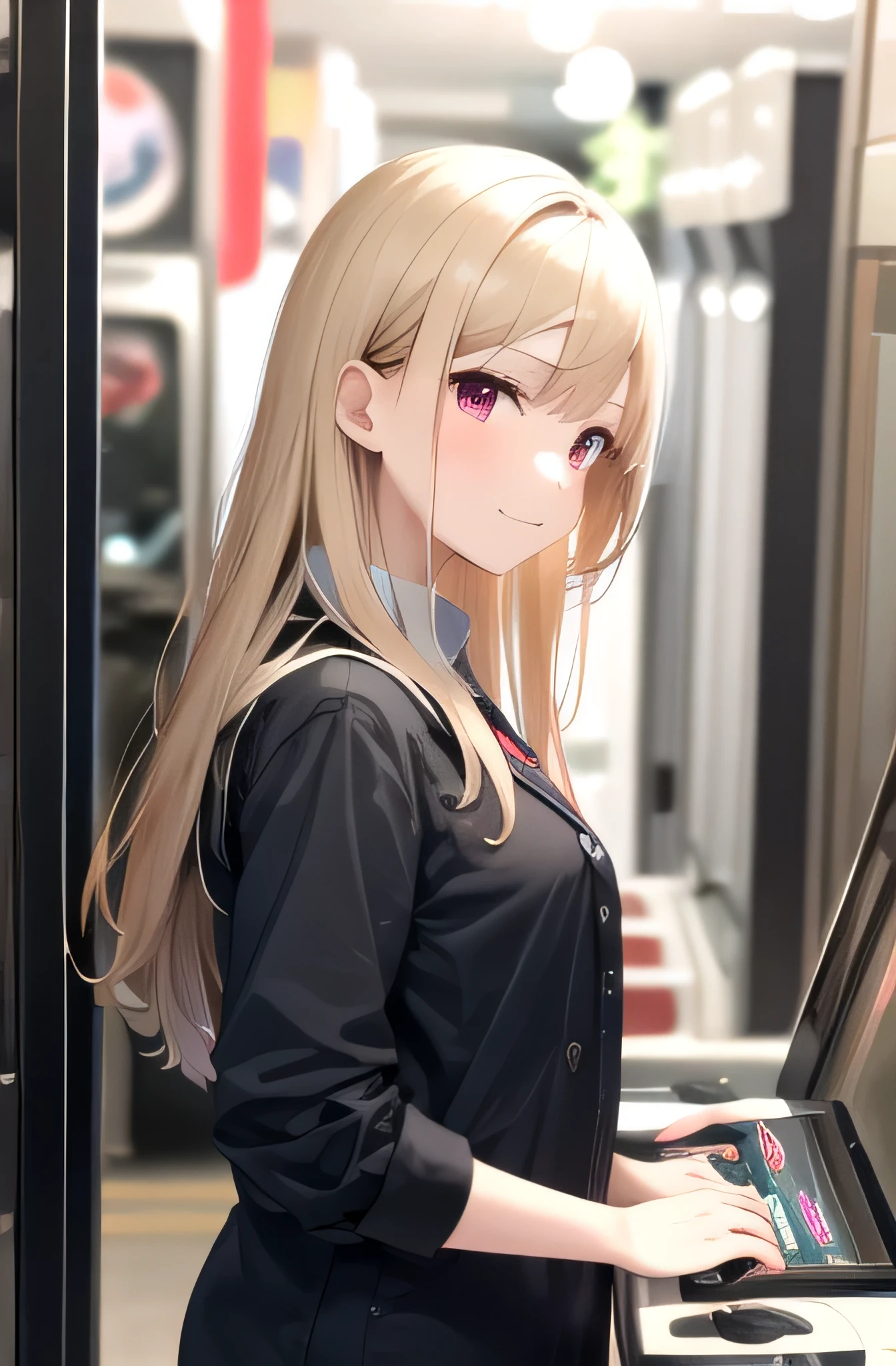 soft smile,Blonde long hair high school girl「Shiratori Ayame」is playing an arcade game,Red eyes,uniform