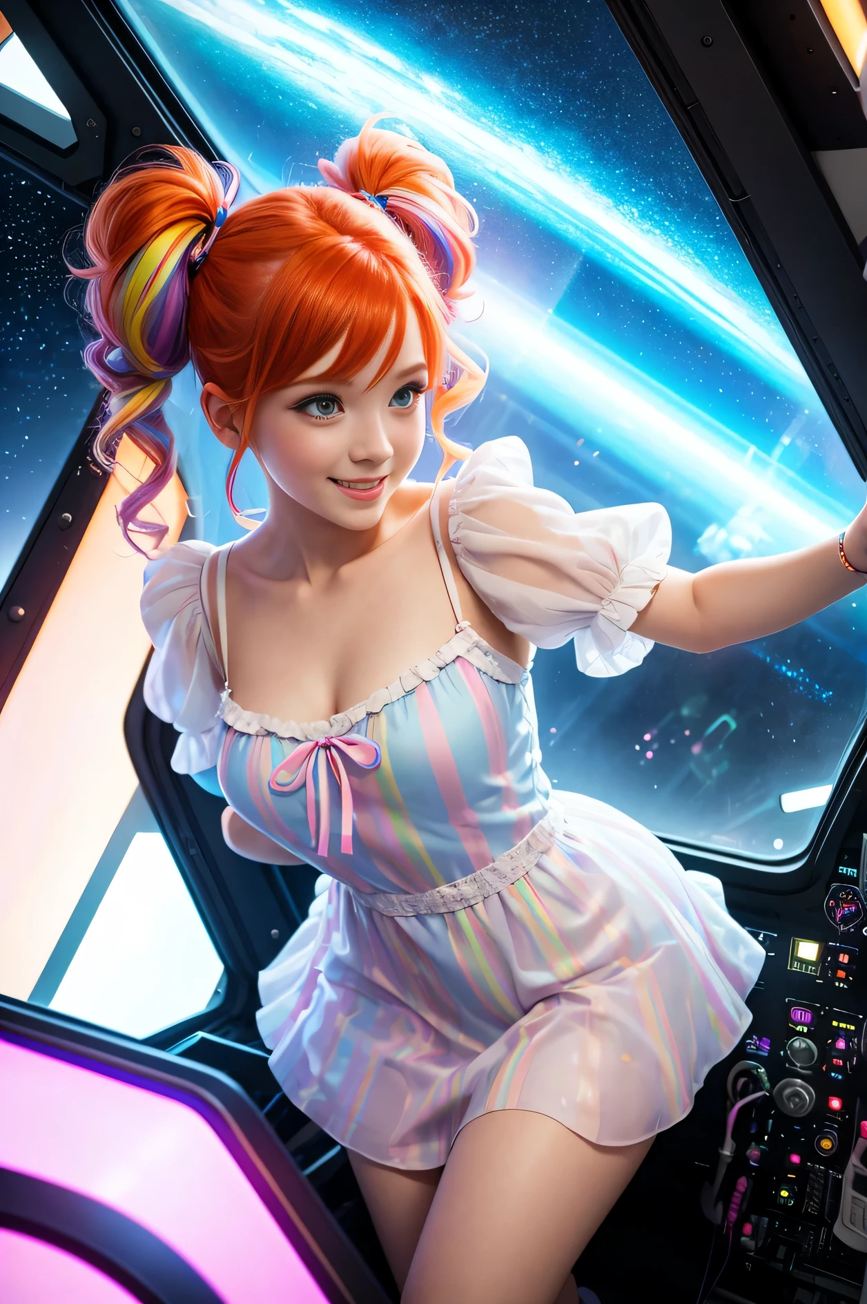 (overhead view) Cute redhead with rainbow colored hair tips, ribbons in her hair, 18-year-old woman, happy, smiling, in twin tails, perfect eyes, clear sparkling blue eyes, pale skin, silky smooth skin, flying a fancy metal luxurious space ship, futuristic cockpit, she's a pilot, outer space seen in windows, dark warm lighting, wearing a futuristic dress, pleated (chemise) mini dress (pastel rainbow colors, and polka dots), puffy sleeves, silk, pantyhose, cute short cut booties, boots.