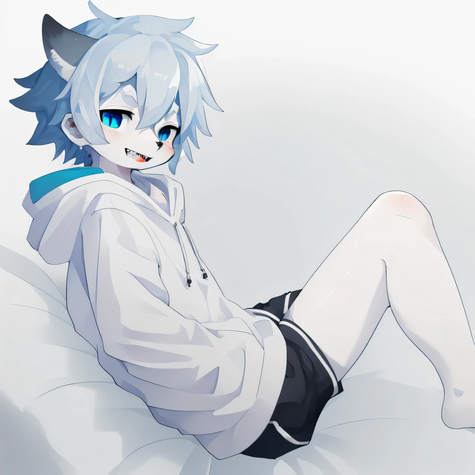 Masterpieces, ultra quality, high detail, furry Male shark, cute, bedroom, white backgrounds, blue skin blue eyes, sharp teeth, blue hoodie, shorts white pants, white hair, , teenager ,solo male 
