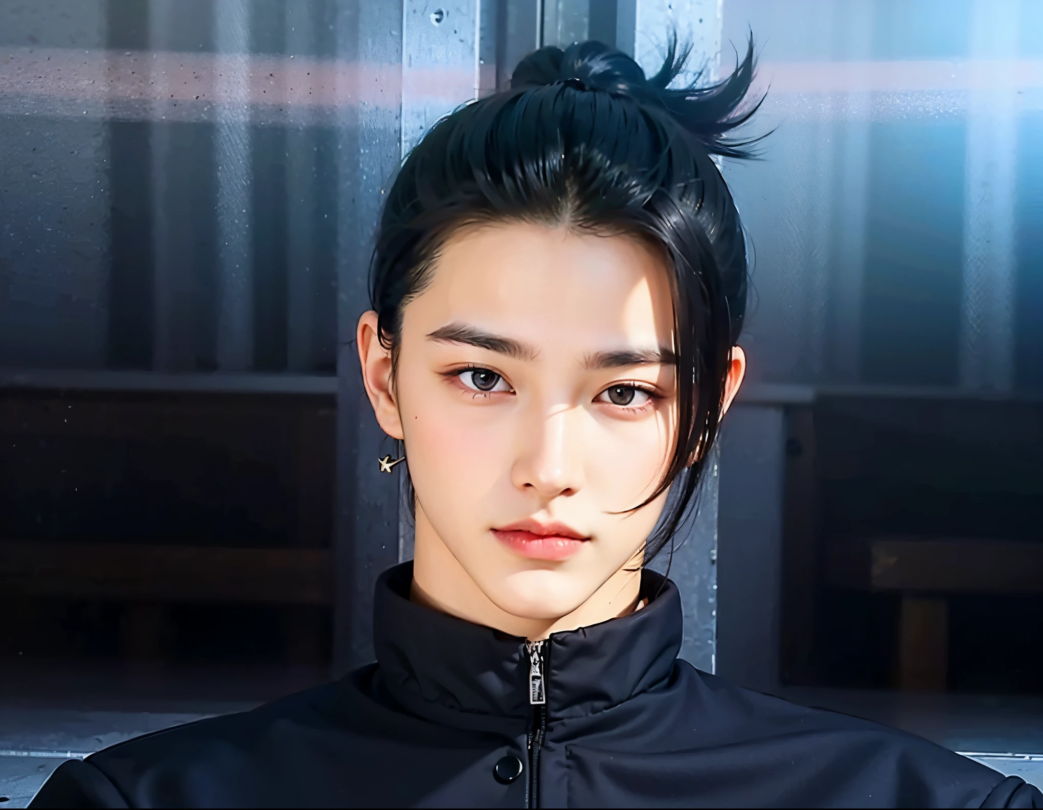 A handsome guy with long oval face, black long hair, thick straight upward eyebrows, and a man-bun, is wearing black earring studs, and a black stand collar jacket, and looking at camera