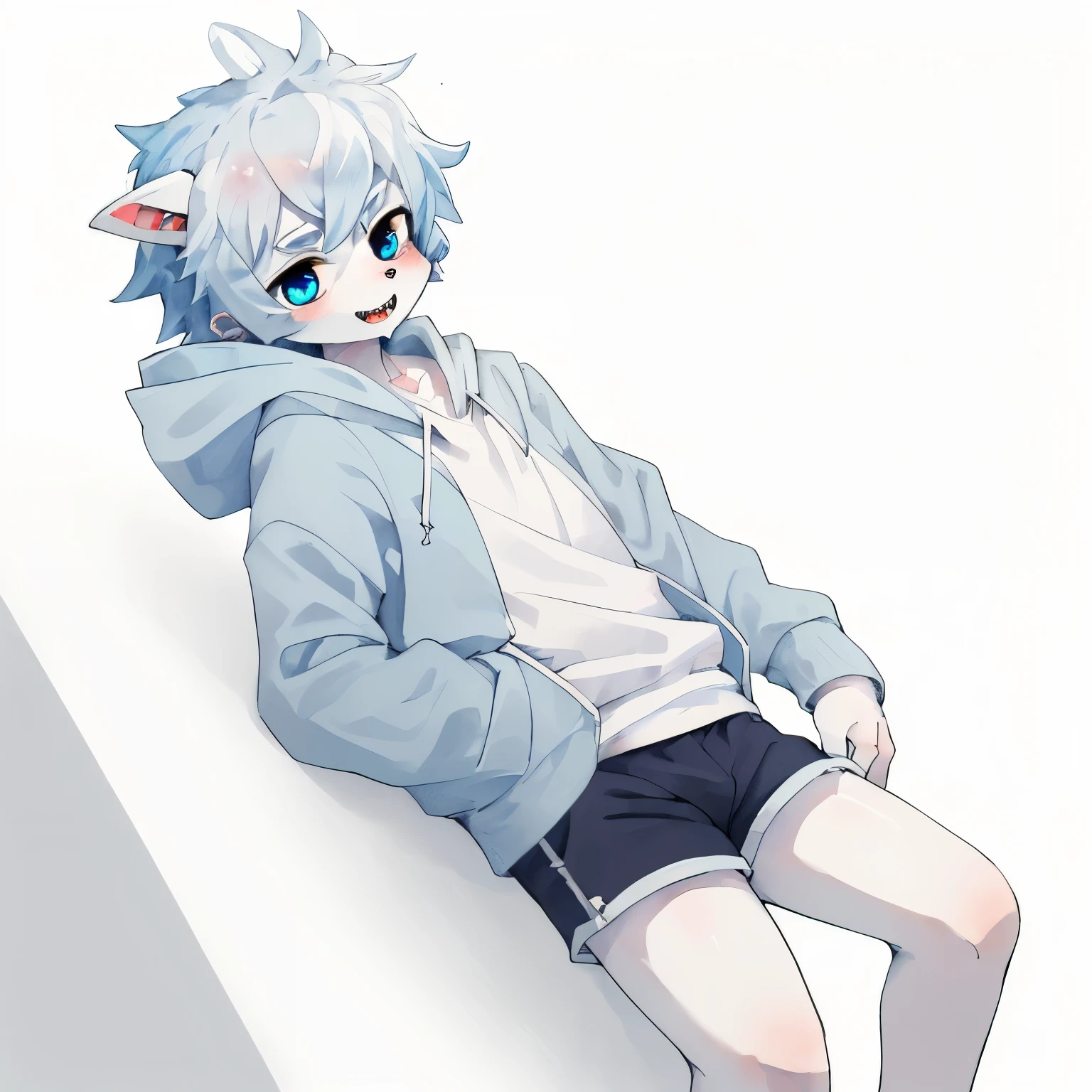 Masterpieces, ultra quality, high detail, furry Male shark, cute, bedroom, white backgrounds, blue skin blue eyes, sharp teeth, blue hoodie, shorts white pants, white hair, , teenager ,solo male