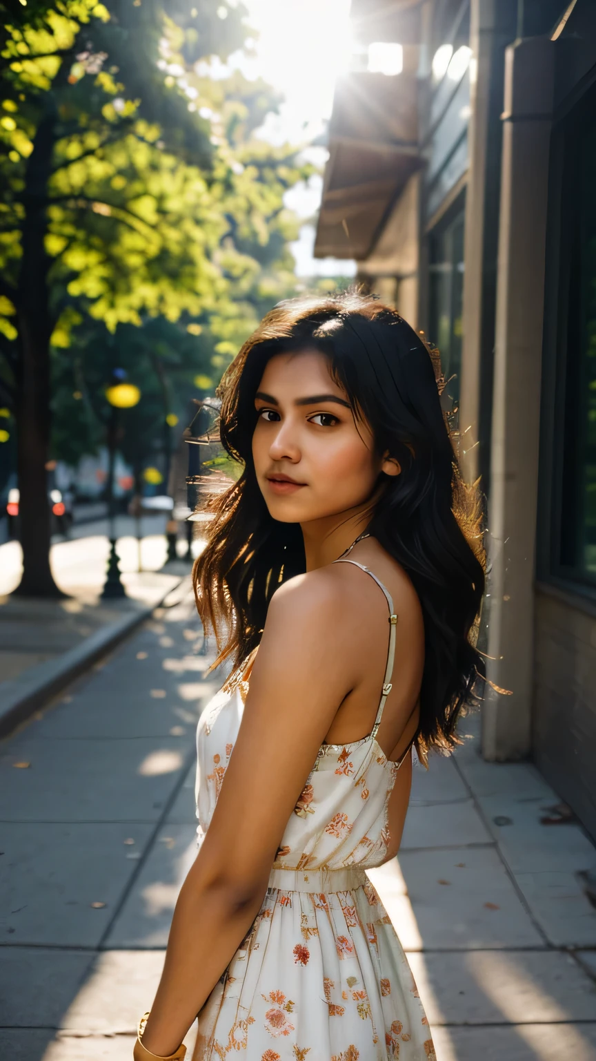 Naturally lit, full-length portrait, an Indian girl stands with a relaxed posture on an urban street. She gazes away from the camera, looking towards her right with a soft, contemplative expression. Her long hair, with subtle waves, cascades over her shoulders and down her back, catching the sunlight. The model's attire consists of a sleeveless summer dress with a delicate red floral pattern on a white background, which complements her fair skin tone. The dress has thin straps and a snug, flattering fit that gracefully outlines her figure. She accessorizes with a simple, elegant gold necklace and a matching bangle on her left wrist. Behind her, a chain-link fence borders the sidewalk, leading to a blurred cityscape that suggests a quiet residential area with trees and buildings basking in the warmth of the sun. The sunlight is bright and diffused, casting a gentle glow on her and creating a serene, almost ethereal ambiance. The photograph captures a moment that feels both candid and styled, reflecting an effortless urban chic essence.