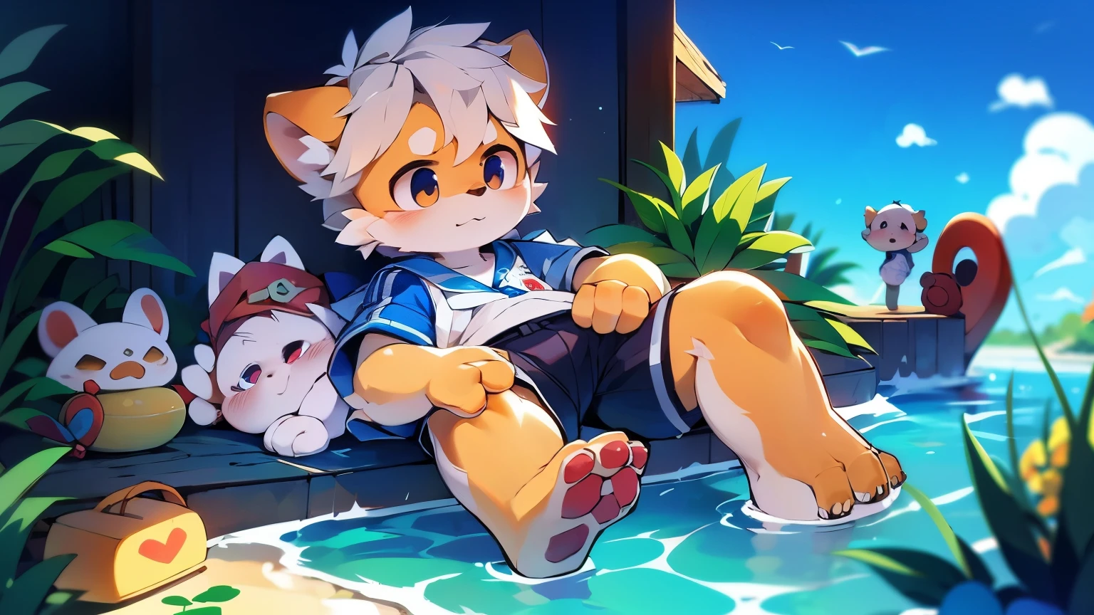 intermittently，masterpiece，High resolution，8K，Detailed background，high quality，intermittently，intermittently，（Light orange fur，white hair，black sclera，hairy的毛皮，Fine hairs）） hairy， shattered， muscular， horny boy， toy doll， shorter pants， Swimming pants， abyss,((at the bottom of the sea， seaside， play with water， swim， dive，float))， alone,Sailor suit,Lying in bed,behave in a spoiled manner,shy blush