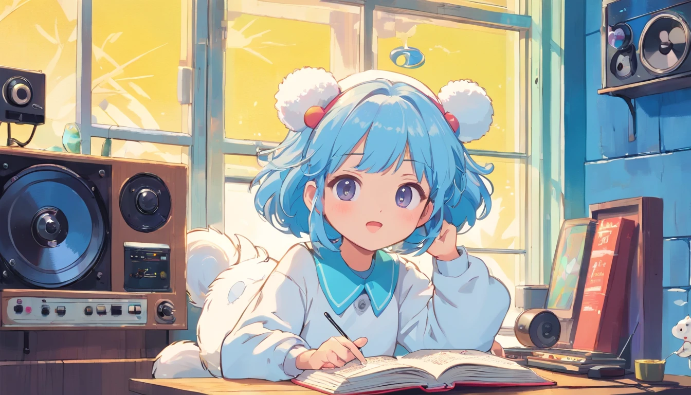 (masterpiece, highest quality), 8K, 4k, 8K, Super detailed, beautiful images, clear image, perfect face, perfect lines, perfect eyes, soft lighting, (((Girl's UP)))、(((The girl's face is well visible)))、make many round chicks、((12 years old))、(((cassette tape、radio cassette player、record)))、cute beautiful girl、((Listening to music with headphones on))、machine、Note、computer、light bulb、window、Chair、curtain、retro、(((80s))) Neon color、pastel colour、((blue and white room))、Polka dot pattern、lemon、80'sパターン、round pattern、square pattern、Cartoon screentones、Dot pattern is applied from above、cooking、chick chick、Cotton candy、candy、(((Get into a rhythm))), (((lofi-art))), Cute white fur ball creature、(((The structure and balance of the face of the human body, objects, and living things are well-balanced without any discomfort.))), (((the fingers of the hand5Book))), (((beautiful and well-shaped body)))、(((Cute and beautiful face)))、Ramune Ramune Ramune、summer