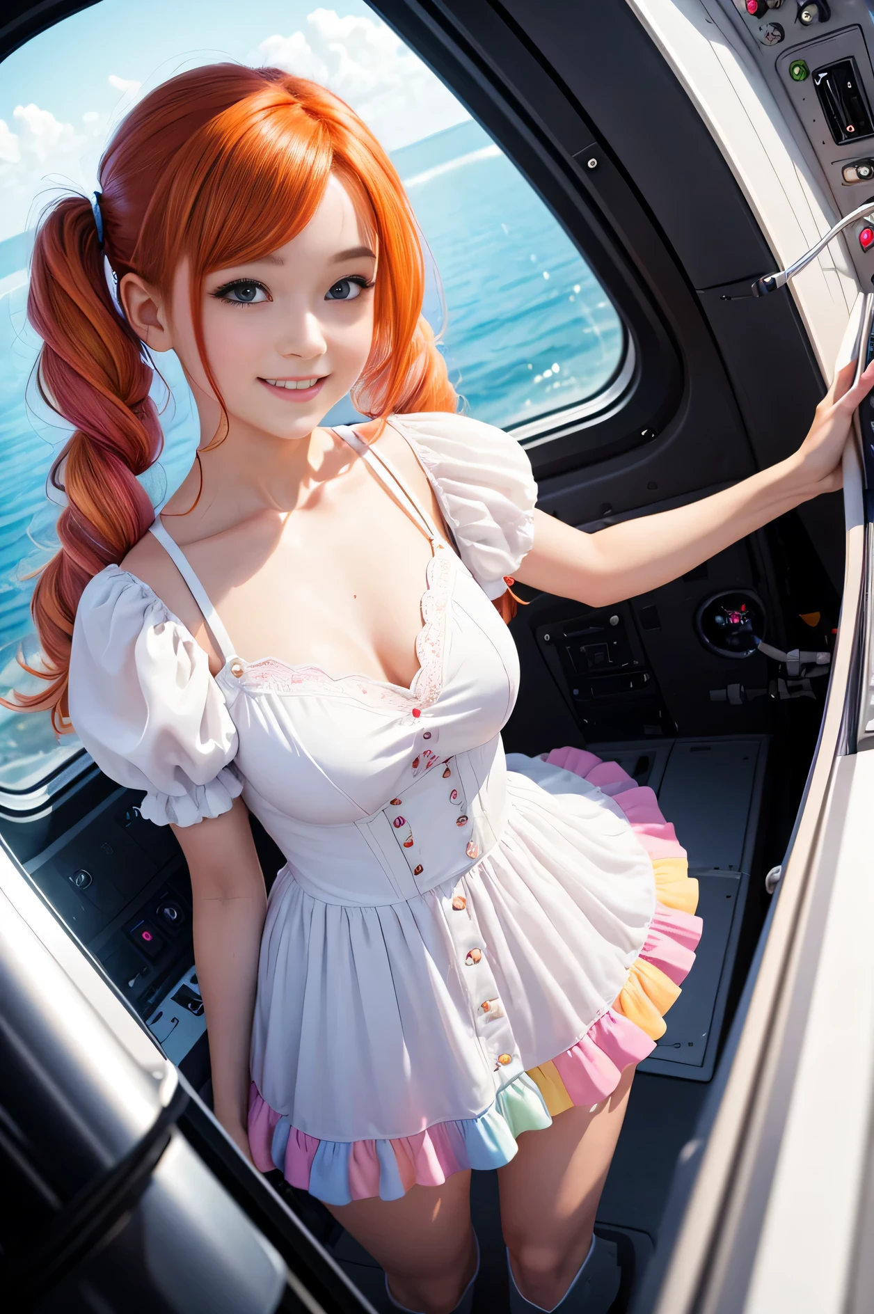 cute redhead 18-year-old woman, happy, in twin tails, perfect blue eyes, pale goth skin, silky smooth skin, standing on a space ship, dark windows, dark lighting, wearing a pastel blue (sheer) nightgown, frilly nightgown, cute white panties and bra underneath her nightgown, panties showing, wearing full body pantyhose.