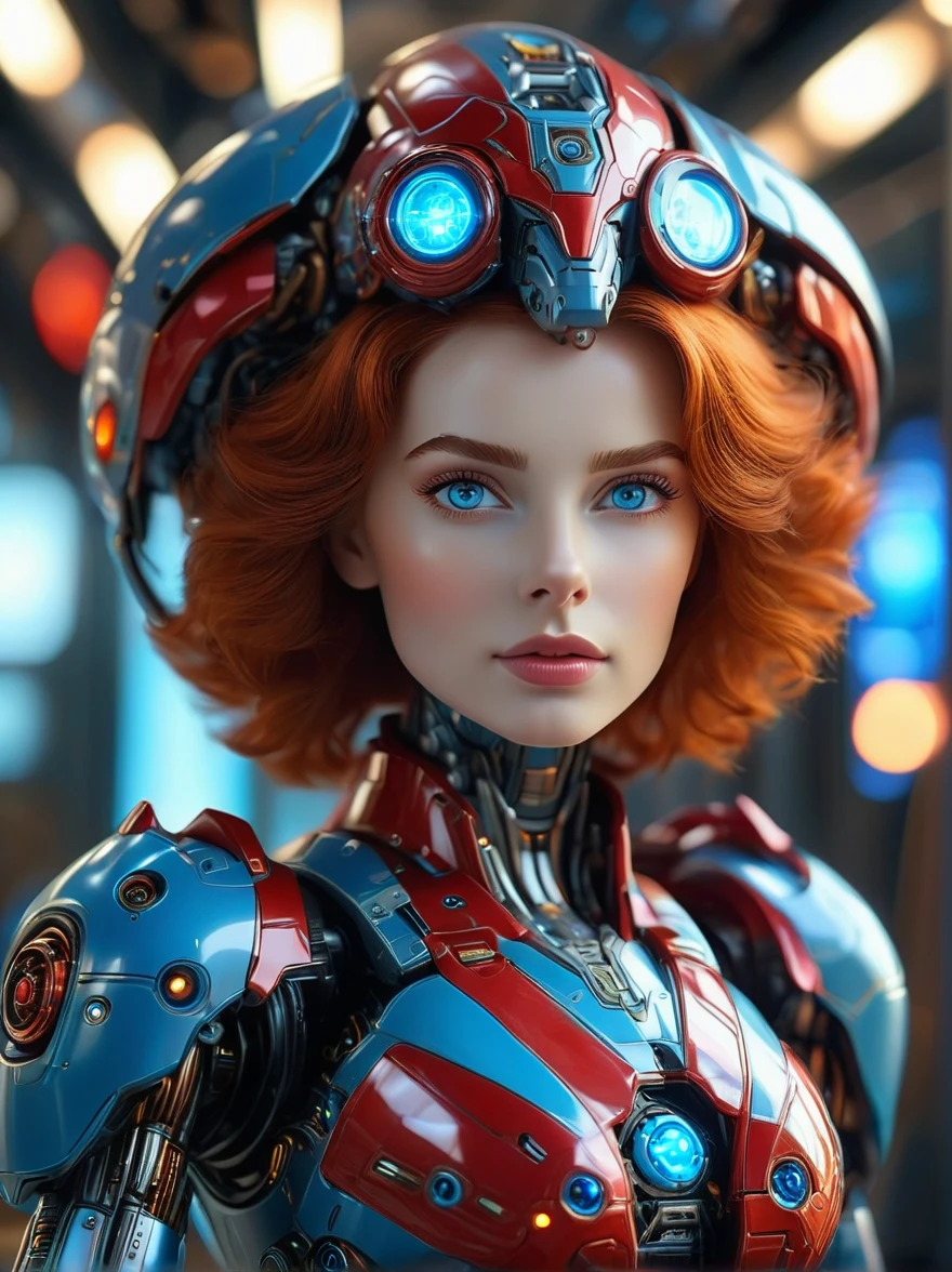 full_body, red head 1woman [ELizabeth II:Maude Adams:0.45], detailed face, mecha, glowing blue eyes, cute, biomechanical, complex robot, interior spaceship background in bokeh, shallow depth of field, hyper realistic, hyper detailed, intricate, insane fine details, crisp focus 
