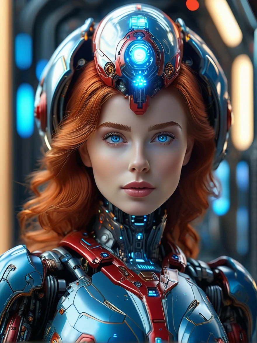 full_body, red head 1woman [ELizabeth II:Maude Adams:0.45], detailed face, mecha, glowing blue eyes, cute, biomechanical, complex robot, interior spaceship background in bokeh, shallow depth of field, hyper realistic, hyper detailed, intricate, insane fine details, crisp focus 