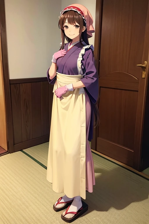 anime picture、full body portrait、Wearing a long apron over the cooking kimono、A woman around 44 years old, about 165cm tall.、long brown hair、flat chest、smiling、gloves、A cloth is wrapped around the head