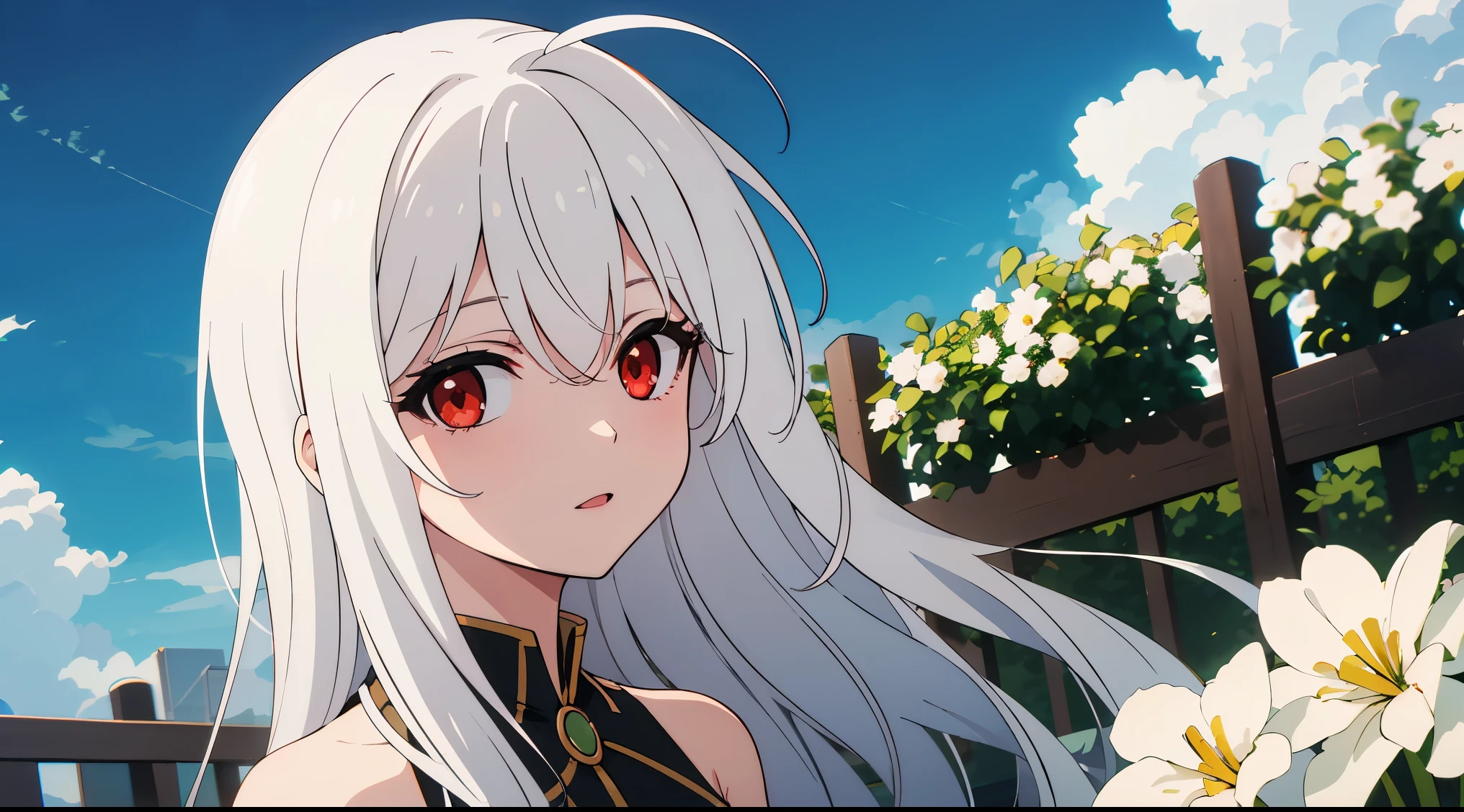 (masterpiece, best quality), ((1girl, (mature), Ninym Ralei, ), (white hair, beautiful hair), (red eyes, beautiful eyes, eye highlights, sharp eyes), (looking at the viewer, white flowers)), ((sky, clouds), fence), (highres, chromatic aberration), (),