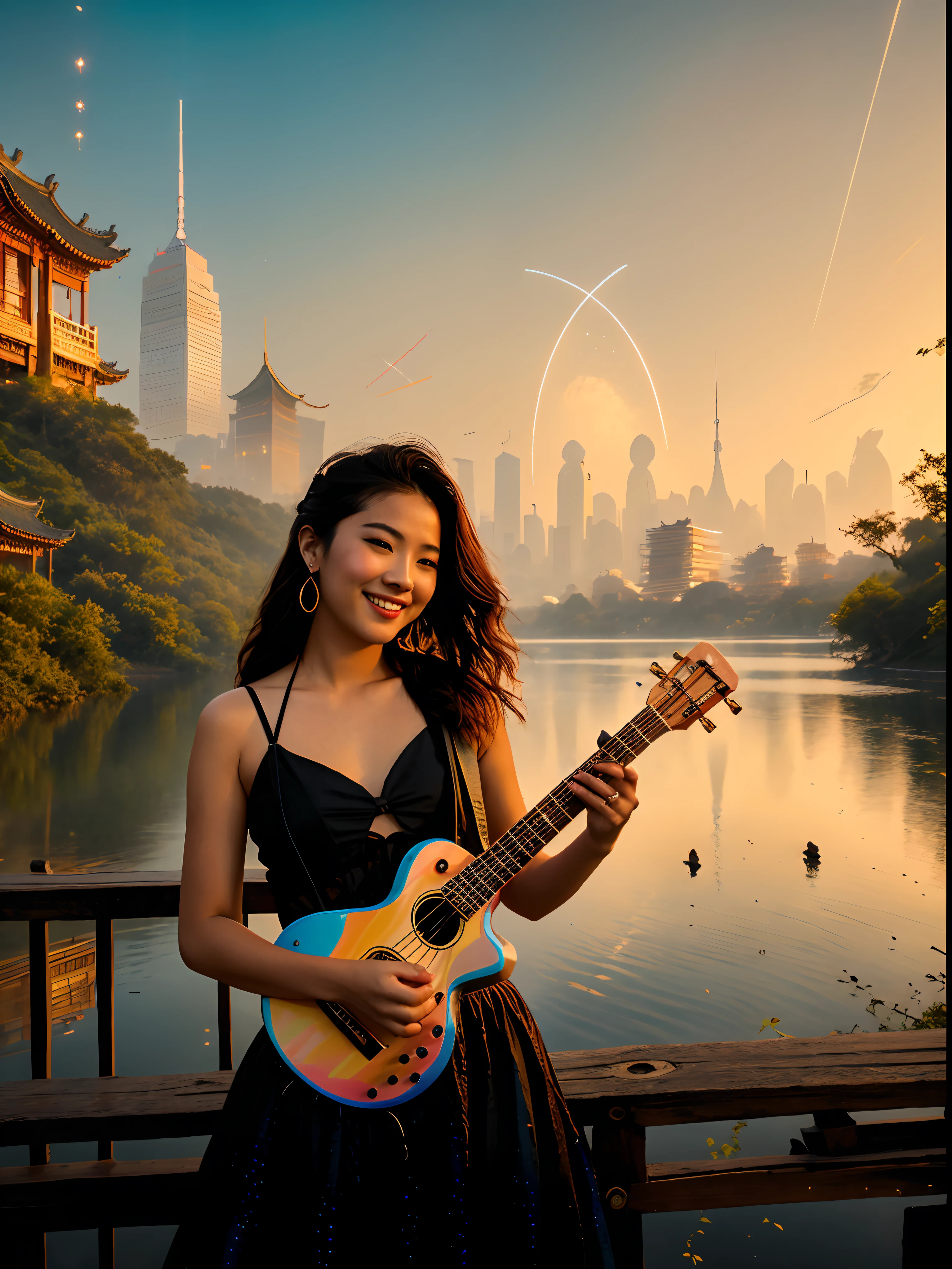 With sunset, The river in the background sparkles, at a beautiful sunset,A young and energetic Asian woman, late sunset, delight, Background of noisy city、happy laughing、cyber punk perssonage、Dull hair、Ukulele in hand、cabelos preto e longos、Wheat-colored complexion、Smooth skin、lively and playful、cinema4d、Dramatic、ENFP-A、Gorgeous and colorful lighting details、Wear a T-shirt、Focus on the crowd、eventide,Wooden fence,Chinese-style architecture