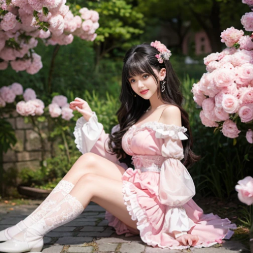 best quality, delicate face,beautiful visual work,lifelike,1 girl, eternal, black hair, Long curly hair, blunt bangs, Smile, pink skirt, pink ta dress, layered skirt, Lolityle long skirt,分層連衣裙 lace-trimmed 裙子, decorate, lace, long sleeve, puff sleeves, wide sleeves, Transparent sleeves, hair accessories, 在flower园里, flower, Detailed background, delicate face,pink blush,White knee-length socks, Pink shoes,cold,Lots of lace,((Masterpiece))、(top quality)、8K、high detail、super detailed,21 years old female,穿着pink lolita d((dreamy atmosphere:1.1))、Seductive and whimsical style、Masterpiece、born、Scenes resembling fairy tale illustrations、Intricate details showcase the ruffles and intricate designs of the Lolita dressutifully、magic、capricious、 beautifully、Dream aesthetics、「𝓡𝓸𝓶𝓪𝓷𝓽𝓲𝓬、ethereal、charming、fickle、magic」、realism、Visual effects、FXAA、SSAO、shader、voiceless、environmental lighting、Tone mapping、High resolution、ultra high definition、megapixel、(8K resolution:1.10)、8K、Below 8K、8K resolution、high detail、intricate details, (high quality:1.2、Masterpiece:1.2、:1.21)、(21 years old female:1.21)、(興奮地Smile)、(Surrounded by the dreamy atmosphere、High heel、Model diagram,full-body shot,Knee-high 白色的 lace socks,Sweet Lolita,Normal 2 ,Pink shoes,Baotou shoes,hair accessories,Don't show your fingers,lolita cake dress,Thnd layer skirt,Every layer has lace,The skirt has a hem,cold,huge breasts,hands on hips,Wide cuffs cover hands,