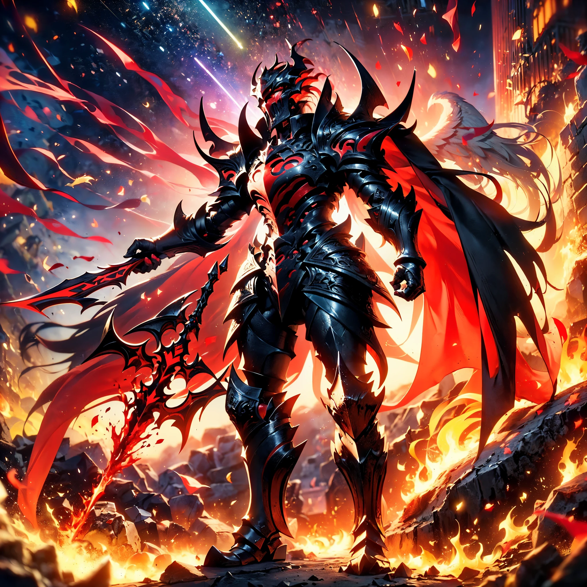 (((Realistic, masterpiece, best quality, crisp detail, high definition, high detail, very rich detail, sharp focus, sharp detail, colorful, rich color, perfect studio lightning))), ((20 years old, japanese goddess of hell, kasumi arimura)),(((in the middle of war, epic war scene))), wearing (((beautiful decorated golden heavy armor, phoenix armor, phoenix tails, decorated full body armor, fully armored beautiful kimono, wide colorful phoenix wings, blue aura))), (flying, floating, air attack stance, burning hands, holding fantasy weapon, blood scattered face, blood tears, blood bath, blood shed), (((fire everywhere, blood everywhere, death everywhere, japan bakumatsu period, dead bodies,carcass,burned japanese castle,hellish,chaos, hell fire, infernal molten lava land, erupting volcano, meteor shower, armageddon, end of days)) burned traditional village background), shot from below
