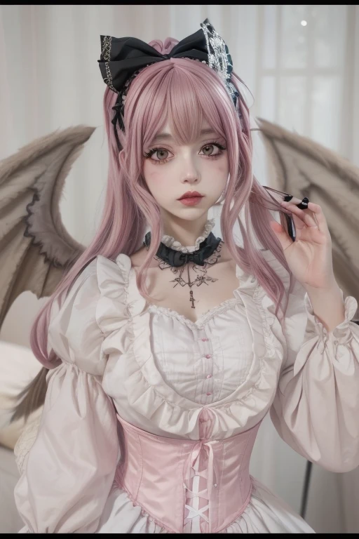 Araffe dressed in a corset and a pink wig with horns., y 2 k cutecore clowncore, Goth pastel aesthetic, hada, Goth pastel, beautiful together, chica demonio, together | medieval, portrait of chica demonio, mika kurai demonio, together, personaje animado; arte de cuerpo completo, pale gothic beauty, Lilith, inspirado en anime