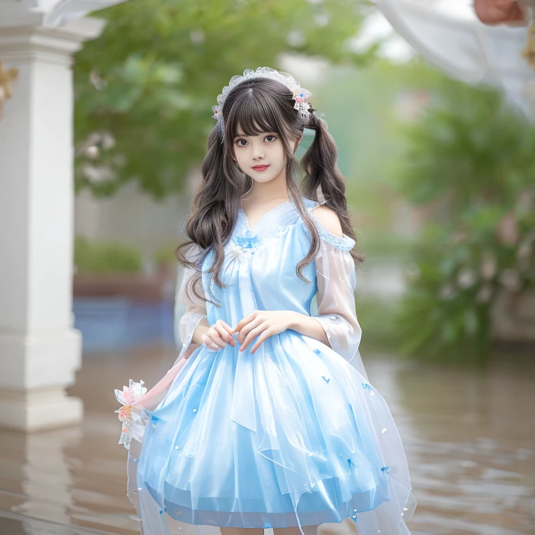 best quality, delicate face，beautiful visual work,lifelike，1 girl, eternal, black hair, Long curly hair, blunt bangs, Smile, pink skirt, pink ****ta dress, layered skirt, ****ta style long skirt,分層連衣裙 lace-trimmed 裙子, decorate, lace, long sleeve, puff sleeves, wide sleeves, Transparent sleeves, hair accessories, 在flower园里, flower, Detailed background,  delicate face，pink blush，White knee-length socks, Pink shoes，cold，Lots of lace，((​Masterpiece))、(top quality)、8K、high detail、super detailed，21 years old female，穿着pink ****ta dress((dreamy atmosphere:1.1))、Seductive and whimsical style、​Masterpiece、born、Scenes resembling fairy tale illustrations、Intricate details showcase the ruffles and intricate designs of the ****ta dress、beautifully、magic、capricious、 beautifully、Dream aesthetics、「𝓡𝓸𝓶𝓪𝓷𝓽𝓲𝓬、ethereal、charming、fickle、magic」、realism、Visual effects、FXAA、SSAO、shader、voiceless、environmental lighting、Tone mapping、High resolution、ultra high definition、megapixel、(8K resolution:1.10)、8K、Below 8K、8K resolution、high detail、intricate details， (high quality:1.2、​Masterpiece:1.2、:1.21)、(21 years old female:1.21)、(興奮地Smile)、(Surrounded by the dreamy atmosphere、High heel、Model diagram，full-body shot，Knee-high 白色的 lace socks,Sweet ****ta，Normal 2 feet，Pink shoes，Baotou shoes，hair accessories，Don't show your fingers，****ta cake dress，Thousand layer skirt，Every layer has lace，The skirt has a hem，cold，huge breasts，hands on hips，Wide cuffs cover hands，