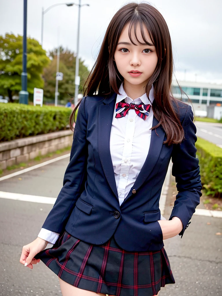 One Woman、((Standing wearing a blazer and miniskirt school uniform))、,((small breasts)),Highest quality、Very delicate and beautiful、((Very short bangs))、((Bangs))、Bright shiny black hair、Highest quality、Very delicate and beautiful、((Very short bangs))、((blunt bangs))、Bright shiny black hair、The hair is light、((long hair))、Cute face、Young face、Cute like an idol、Are thin、Slim figure、slender、Short、 body type、((The background is a Japanese townscape))、Thighs、Photographed from the front、The best smile、