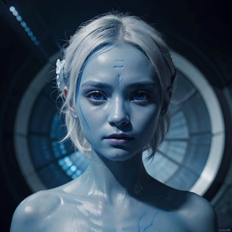 blue skinned alien girl, small tits, angelic, nude in spaceship