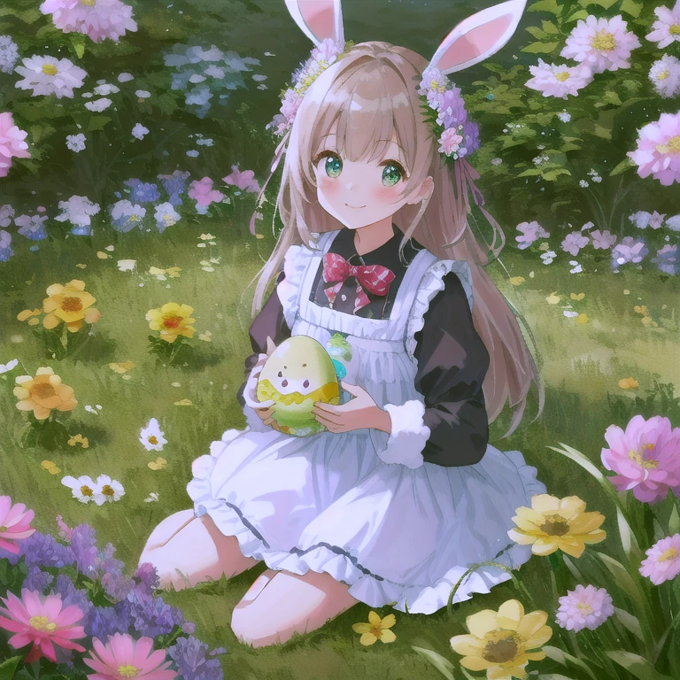 highest quality、8k、cute、Rabbit, easter egg、cute girl、big eggs、flower garden, smile, Grass, flowers, and good lighting
