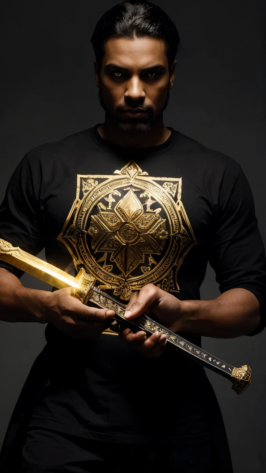 Man with black cloack and his right hand It looks like it has a gold colored print motif holding a sword that glows bright purple