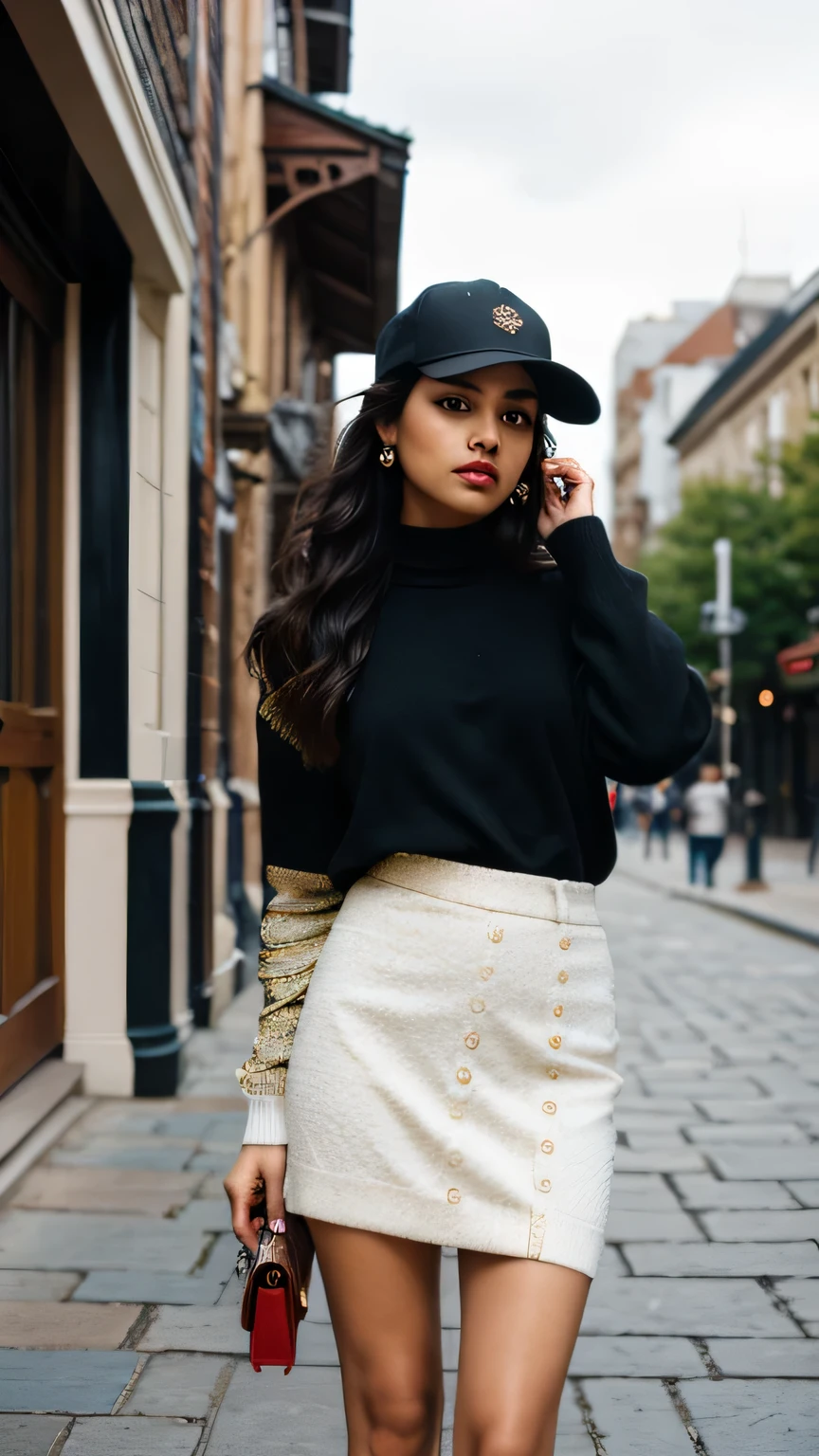 A street-style photograph, the indian model is captured from a three-quarter angle as she stands on a cobblestone pavement. Her gaze is directed downwards, away from the camera, giving off an air of casual contemplation. She's dressed in a stylish, oversized black and white striped sweater layered over a crisp white collared shirt. The look is completed with a black mini skirt, adding a touch of modern femininity to her outfit. On her head, she wears a black baseball cap that adds an urban, sporty edge. She accessorizes with a small, crossbody bag and carries a vintage-style camera, hinting at a creative or artistic pursuit.
Behind her, the vibrant facades of classic Victorian houses provide a colorful backdrop. The houses are painted in a rich palette of reds, blues, and yellows, with intricate woodwork and period details that speak to the historic charm of the neighborhood. The image has a shallow depth of field, with the model in clear focus against the slightly blurred background, emphasizing her and her outfit against the textured environment. The lighting is soft and overcast, offering even illumination without harsh shadows, typical of a cloudy day. This setting creates a tranquil and introspective mood, with the model's thoughtful expression and the quiet street scene suggesting a peaceful moment in an otherwise bustling city.