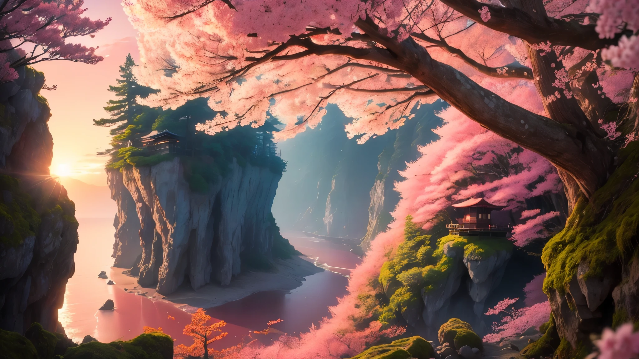 beatiful forest in japan, with pink sakura blossoms falling, sunset, the forest is on a cliff facing the ocean, sunset view, beautiful nature, the viewer's perspective is such that we can see the ocean but also the sakura trees around us, 4k beauty, orange -yellow-slight pink sky, masterpiece, nature vibes, chill