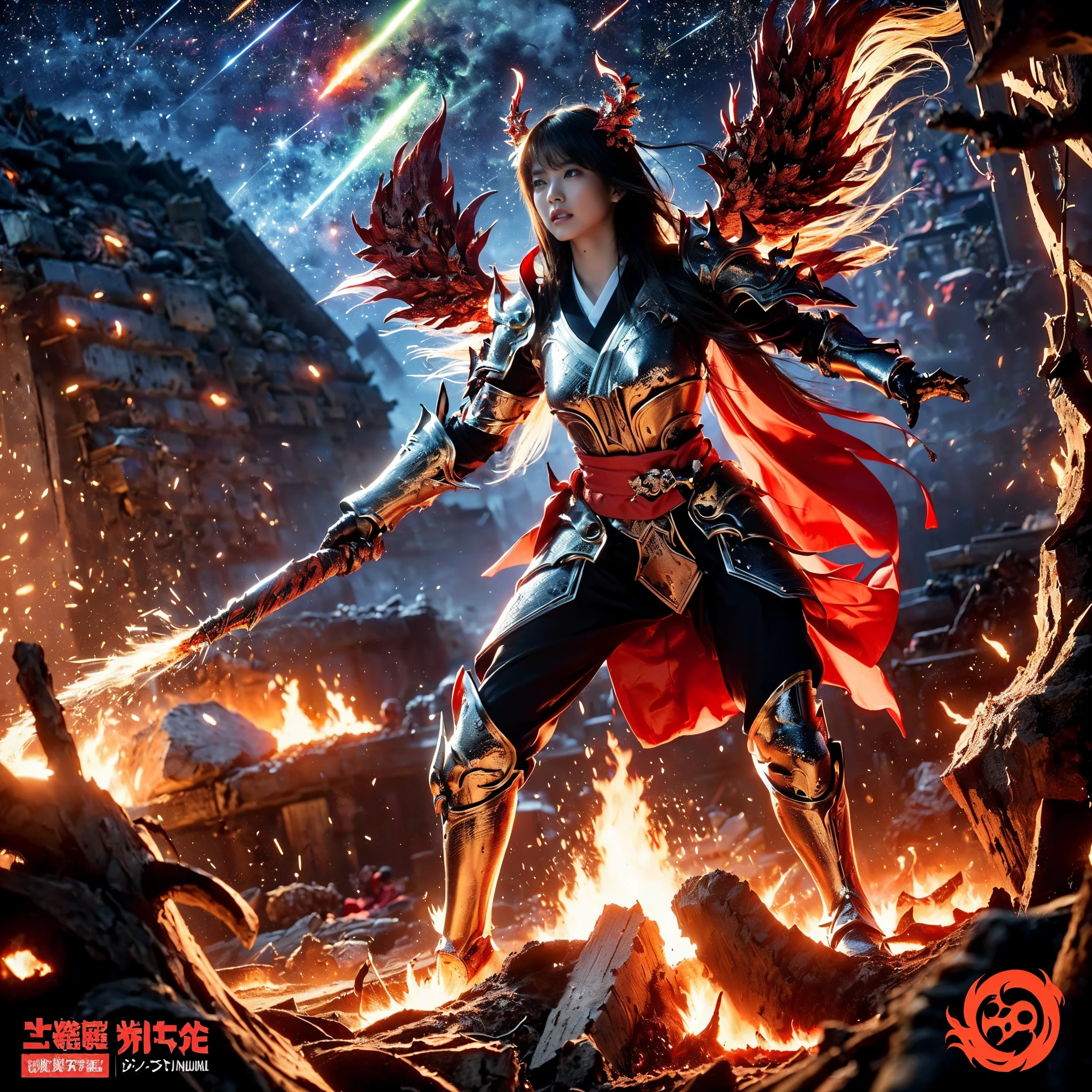 (((Realistic, masterpiece, best quality, crisp detail, high definition, high detail, very rich detail, sharp focus, sharp detail, colorful, rich color, perfect studio lightning))), ((20 years old, japanese goddess of hell, kasumi arimura)),(((in the middle of war, epic war scene))), wearing (((beautiful decorated golden heavy armor, phoenix armor, phoenix tails, decorated full body armor, fully armored beautiful kimono, wide colorful phoenix wings, blue aura))), (flying, floating, air attack stance, burning hands, holding fantasy weapon, blood scattered face, blood tears, blood bath, blood shed), (((fire everywhere, blood everywhere, death everywhere, japan bakumatsu period, dead bodies,carcass,burned japanese castle,hellish,chaos, hell fire, infernal molten lava land, erupting volcano, meteor shower, armageddon, end of days)) burned traditional village background), shot from below
