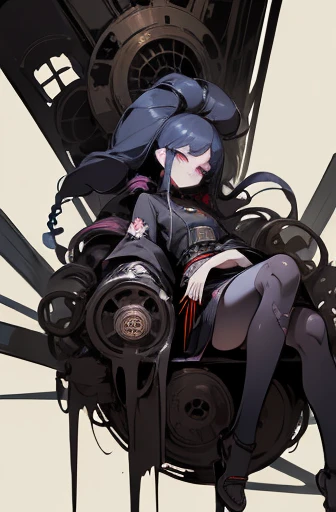 ((cyberpunk girl)),((Sitting on a large piece of gear)), scribble, nightmare, doll-like face, cartoon style, rough sketch, Horror elements, (masterpiece), (High resolution), (super delicate), (clear), Comic style illustration、 Japanese painting, full body、 (snap shot), (Creepy), Japanese carving, old picture scroll style, crazy illustration, antique, dark atmosphere, flat illustration, Creepyな外観, Unusual and strange hairstyles, creative accessories, unique atmosphere、heaven、Money