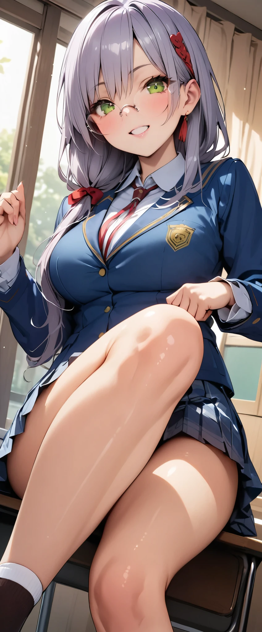 ​masterpiece、best qualtiy、A detailed、Female 1 Person、blue eyess、a blond、short-hair、Blouse、Pleated skirt、Colossal tits、‎Classroom、Blouse unbuttoned、Peace sign by hand、Sit at the desk with your legs open、Bend your knees and open your legs、White panty