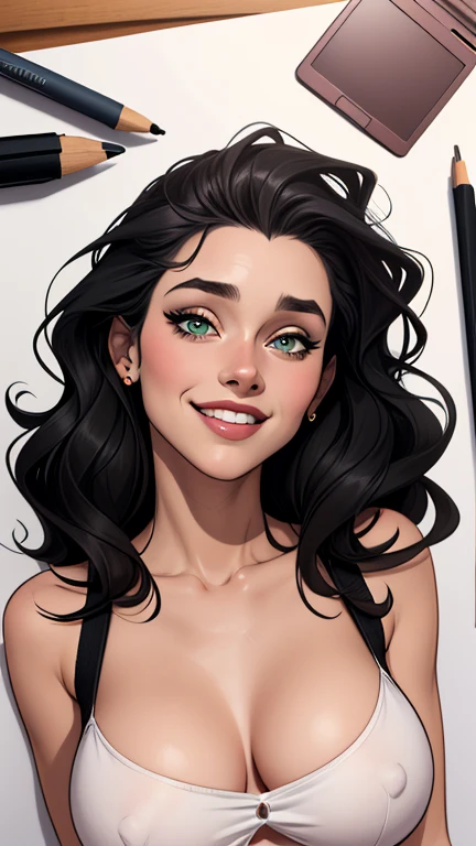 (estilo de desenho animado:1.2), Desenhos de (Bellatrix Lestrange), Sorriso, olhos verdes perfeitos, rosto detalhado, fundo branco, pose divertida, olhar sedutor,Corpo inteiro usando o uniforme de sanserina, medium beautiful breasts and wonderful body Cartoon style digital illustration young teenage woman