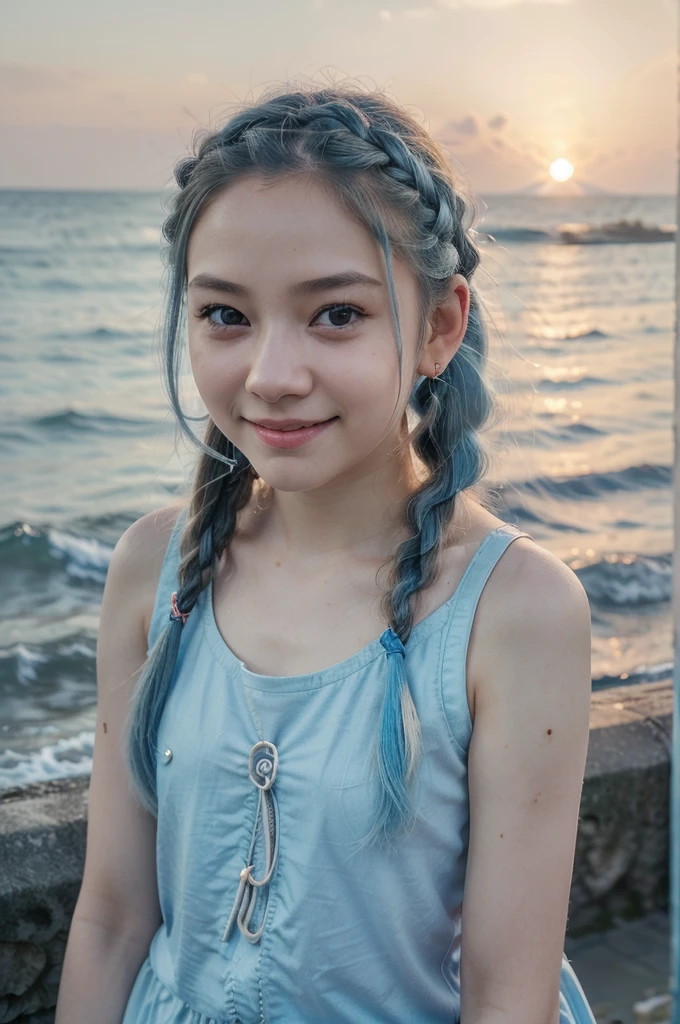 (Facial Focus), (1 Girl, Female, Woman, Solo, Pale Skin, Casual Fashion, Kawaii), (Long Hair, Single Braided Hair, Light Blue Hair, Cute Face, Light Smile), (At the Seaside), Milky Way, Sunset, Eye Level Shooting